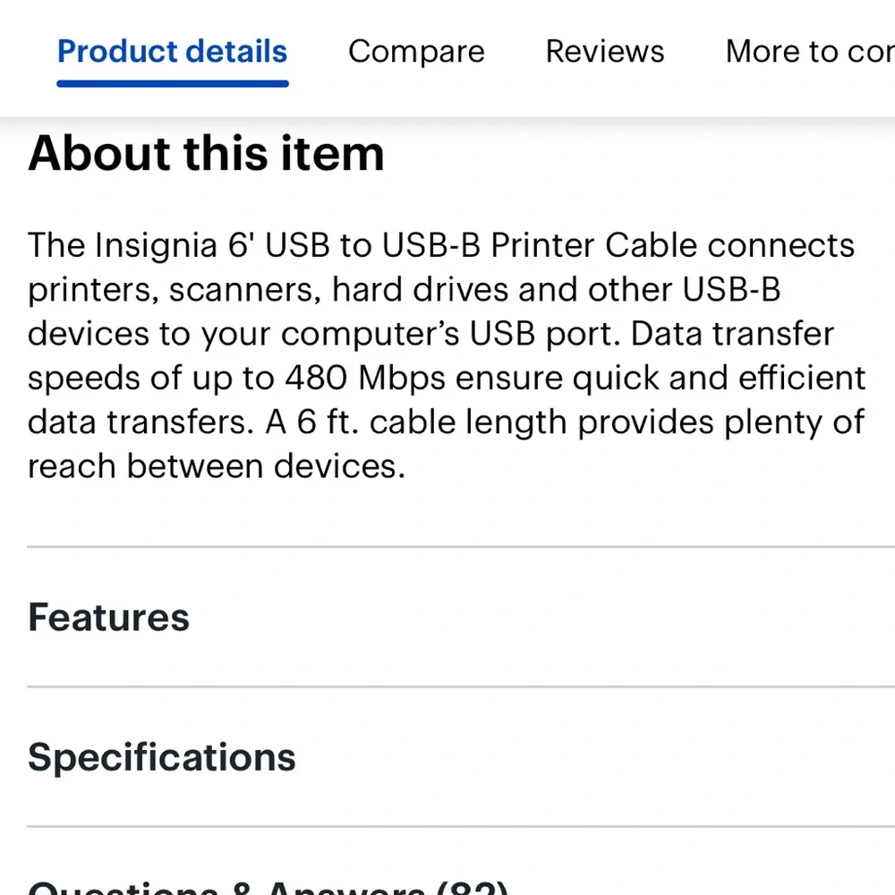 ✨5/$12 Insignia Black USB to USB-B Cable - 6 ft